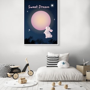 Poster con cornice in legno su carta opaca di alta qualità | Decorazione murale "Dolce Coniglietto dei sogni" – Decorazione per cameretta dei bambini con luna pastello / Graziosa decorazione per la cameretta dei bambini | Regalo per baby shower