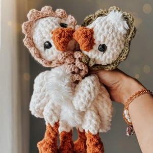 Pu&ograve; includere: Due peluche di oca all'uncinetto con pelliccia bianca, zampe marroni e dettagli rosa e verdi. I peluche si tengono stretti.