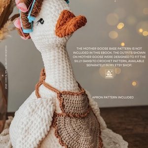 May include: A crocheted goose doll with a white body, orange beak and feet, and a brown apron. The goose wears a wig with pink and blue curlers. Text on the image says "Wig Pattern Included" and "Apron Pattern Included".