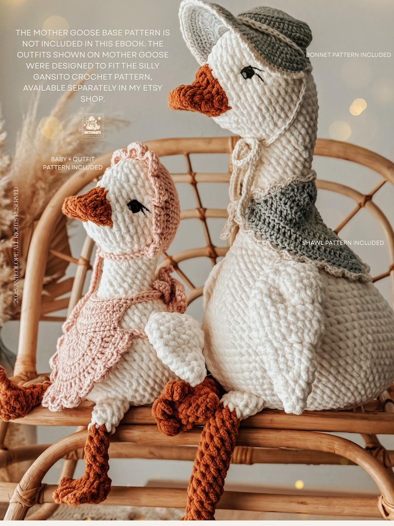May include: Two crocheted goose dolls, one large and one small, are seated on a wicker chair. The larger goose wears a bonnet and shawl, while the smaller one has a bonnet and bib. The geese are white with orange beaks and feet. Text on the image indicates patterns are available.