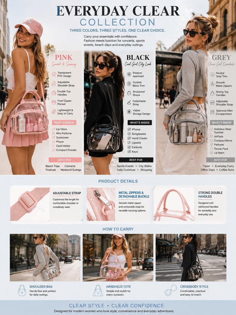 May include: The Everyday Clear Collection features transparent PVC bags in pink, black, and gray. Each bag includes an adjustable shoulder strap, double top handles, a front zipper pocket, and metal zippers. The display shows various items stored inside.