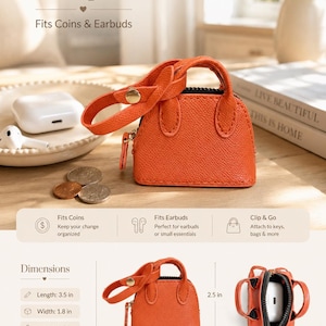May include: A miniature orange textured bag charm with a gold-tone snap closure strap, a zipper, and two handles. The bag measures 3.5 inches in length, 1.8 inches in width, and 2.5 inches in height, designed to hold small items like coins and earbuds.