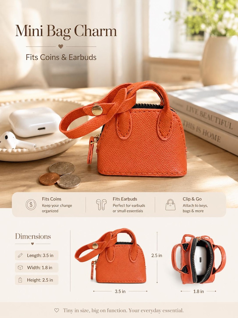 May include: A miniature orange textured bag charm with a gold-tone snap closure strap, a zipper, and two handles. The bag measures 3.5 inches in length, 1.8 inches in width, and 2.5 inches in height, designed to hold small items like coins and earbuds.