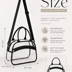 May include: A clear transparent bag with black trim, two top handles, and an adjustable black shoulder strap. The bag features a front zippered pocket and measures 10.2 inches wide, 8.3 inches high, and 5.9 inches deep, as indicated by text.