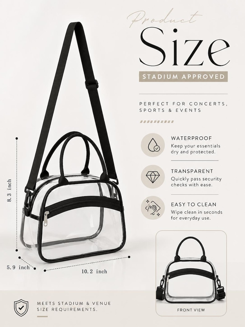 May include: A clear transparent bag with black trim, two top handles, and an adjustable black shoulder strap. The bag features a front zippered pocket and measures 10.2 inches wide, 8.3 inches high, and 5.9 inches deep, as indicated by text.