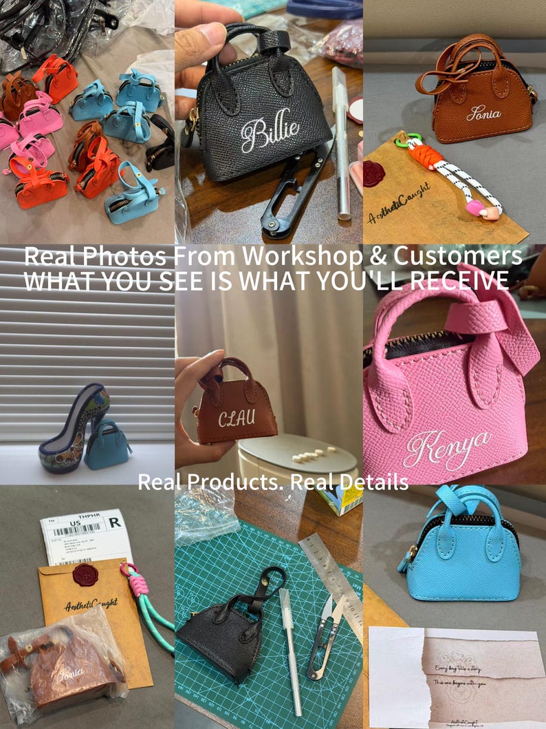 May include: A collection of miniature handbag keychains in various colors including black, pink, brown, and blue. Each bag features a zipper closure, two top handles, and custom white embroidered names like Billie, Sonia, Clau, and Kenya.
