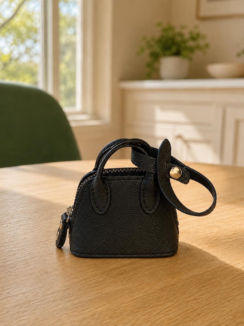 May include: A miniature black handbag with a textured surface, featuring two small top handles, a top zipper closure, and a detachable strap with a gold-toned metal snap button. The bag has a structured, dome-shaped silhouette.