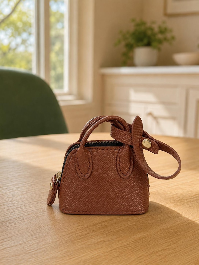 May include: A miniature brown handbag with a textured surface, featuring two small top handles, a zipper closure along the top, and a detachable strap with a gold-toned metal snap button fastener attached to one of the handles.
