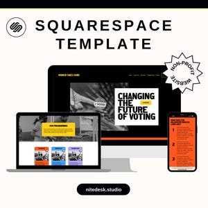 Può includere: Un modello di sito web Squarespace per un'organizzazione no profit incentrata sui diritti di voto. Il sito web presenta un'immagine in bianco e nero di una mano che tiene un adesivo 'Ho votato', con il testo 'Cambiare il futuro del voto' in rosso e giallo. Il sito web include anche una sezione su 'La nostra programmazione' e un post del blog intitolato 'Come appare il processo di volontariato?'