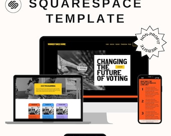 May include: A Squarespace website template for a non-profit organization focused on voting rights. The website features a black and white image of a hand holding a 'I Voted' sticker, with the text 'Changing the Future of Voting' in red and yellow. The website also includes a section on 'Our Programming' and a blog post titled 'What Does the Volunteer Process Look Like?'