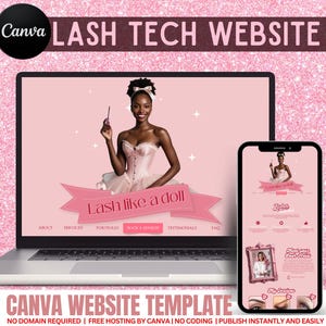 Lash Tech Website Template Canva Pink Beauty Business Girly Cute Website Landing Page DIY Canva Sales Page for Lash Extensions