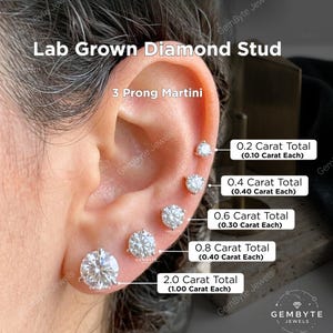 May include: A display of lab-grown diamond stud earrings in various sizes, from 0.2 to 2.0 carats total weight, set in a 3-prong martini style. The image shows the earrings on an ear, with text labels indicating carat weight.