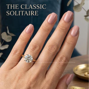 May include: A gold solitaire ring featuring a large, round-cut, clear gemstone set in a six-prong setting. The text THE CLASSIC SOLITAIRE is visible in the upper left corner. The ring is worn on a finger with light pink manicured nails.