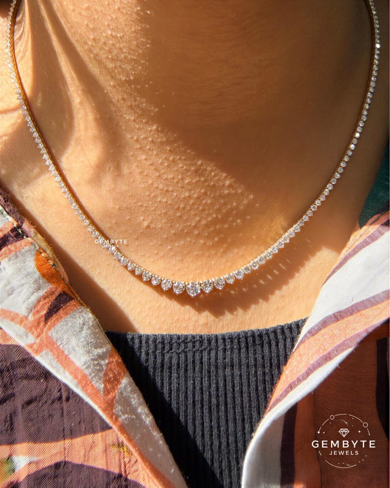 A close-up view of a woman's neck and chest area, featuring a delicate necklace with a row of small diamonds.
