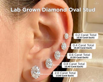 Oval Lab Grown Diamond Stud Earrings 14K Gold, 0.20 to 2.00 TCW Oval Brilliant Solitaire Studs, Dainty Bridal Wedding Earrings NYC