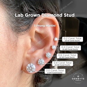 3 Prong Martini 14K Gold Lab Grown Diamond Earrings Stud, Screw Back, Push Back, Round Cut, 0.20 - 6.00 CT, Diamond Tester Approved Jewelry