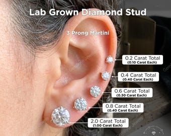 3 Prong Martini 14K Gold Lab Grown Diamond Earrings Stud, Screw Back, Push Back, Round Cut, 0.20 - 6.00 CT, Diamond Tester Approved Jewelry