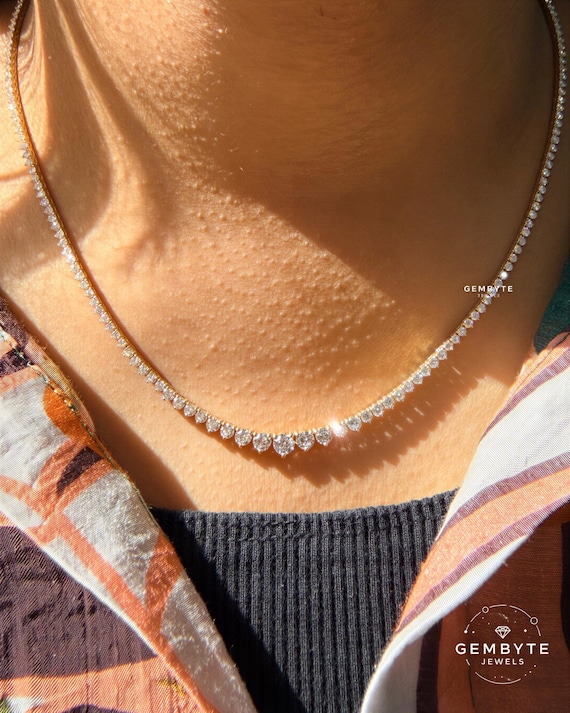 Graduated Lab Grown Diamond Tennis Necklace 14K Gold, 6 to 37.5 CTW Round Brilliant Rivera Necklace, EF VS+ Ethical Diamond Jewelry | Gift