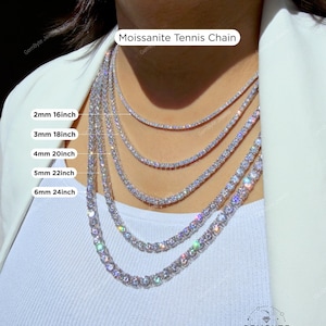 VVS D Color Ideal Cut Moissanite Tennis Chain, Passes Diamond Tester | 925 Sterling Silver Iced Out Jewelry| 2-6mm Anniversary Gift | Dainty