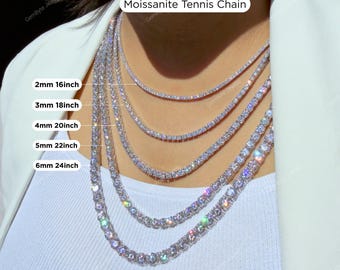 VVS D Color Ideal Cut Moissanite Tennis Chain, Passes Diamond Tester | 925 Sterling Silver Iced Out Jewelry| 2-6mm Anniversary Gift | Dainty
