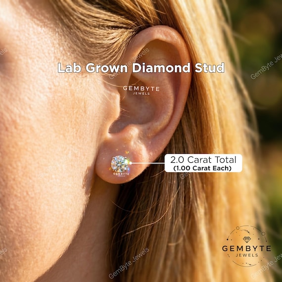 2 Carat Diamond Stud | 14K Gold | Lab Grown Round Brilliant, Screw Back, Push Back, DEF VS+ Earring Gift