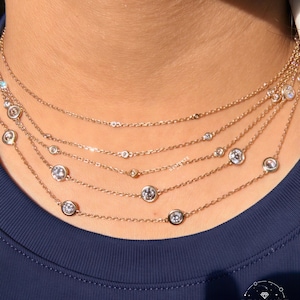 0.30 - 3.60 CTW Diamonds by the Yard Necklace 14K Solid Gold, Bezel Station Lab Grown Diamond statement necklace, Floating Layering Chain