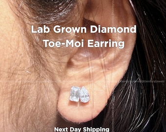 2.00 CTW Toi Et Moi Lab Grown Diamond Earrings 14K Gold, Emerald & Pear Cut Multi-Stone Studs, Unique Two-Stone Anniversary Gift NYC
