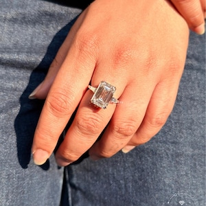 10 Carat Emerald Cut Lab Diamond Ring in 14K White Gold — Tapered Baguette Side Stone Engagement Ring for Women