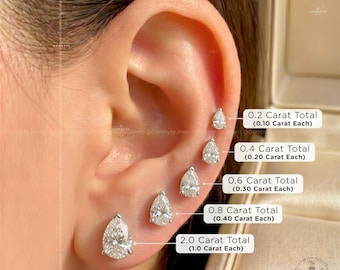 Pear Diamond Stud Earrings, Lab Grown Solitaire, 14K Gold Setting, 0.20 to 4.00 CT Screw Backs / Push Backs