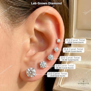 Round Diamond Stud Earrings, Minimalist Lab Grown Jewelry | 14K Gold | 0.20 - 4.00 CT Round Cut Stones, Screw Back, Push back Settings