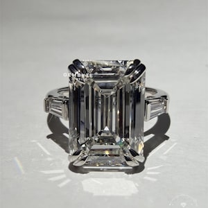 10 Carat Diamond, Emerald Cut Solitaire Ring - Tapered Baguette Side Stones | 14K White Gold | Sizes 4-11 US