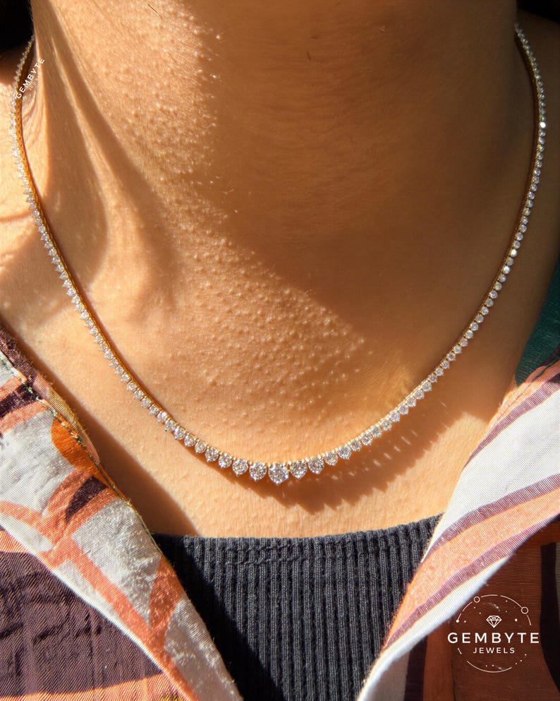A close-up view of a woman's neck and chest area, featuring a delicate necklace with a row of small diamonds.
