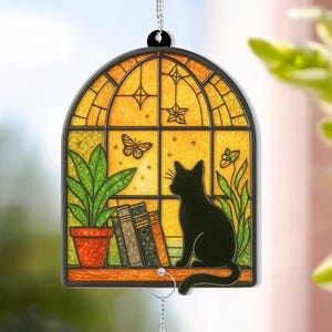Schwarze Katze und Buch Suncatcher Ornament, Lesebuch Suncatcher, Katzen Liebhaber Geschenk, Buch Fenster Dekor, Buch Liebhaber Geschenk, Lesekatze Geschenk Dekor