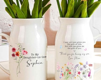 Cadeau vase à ma belle-fille, vase de fleurs de mariage personnalisé en céramique, cadeau de shower de bébé, cadeau de belle-mère