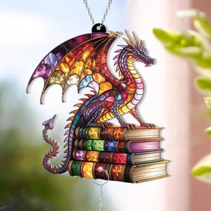 Book Dragon Suncatcher With Crystal, Fantasy Dragon Window Hanging, Dragon Gift, Bookish Gift, Home Decor, Librarian Gift, Book Lover Gifts