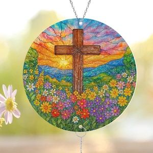 Cross Wildflower Suncatcher, Jesus Suncatcher, Christian Window Hanging, Religious Gift, Cross Suncatcher Decor, Easter Gifts, Home Decor