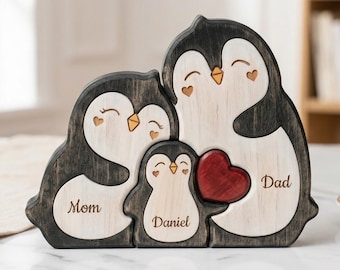 Personalized Penguin Family Wooden Puzzle, Custom Name Animal Family Decor, Mom Keepsake Gift, Mothers Day Gift, New Mom Desk Decor