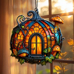 Halloween Pumpkin Cottage Window Hanging, Faux Stained Glass Suncatcher, Whimsical Fall Decor, Fantasy Fall Decor, Housewarming Gift