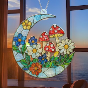 Dreamcatcher Moon Mushrooms Suncatcher, Faux Stained glass Suncatcher, Fly Mushroom Moon Art, Halloween decor, Birthday Gift For Her