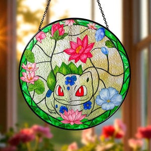 Bulbasaur Cartoon Glass Suncatcher, Haunted Garden, Perfect Gift for Home Decor, Kids Room Decor, Bulbasaur GlassArt, Anime Ornament