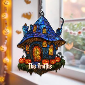 Personalized Halloween House Suncatcher, Witch House Faux Stained Glass Ornament, Spooky Window Decor, Gothic Home Decor, Halloween Gift