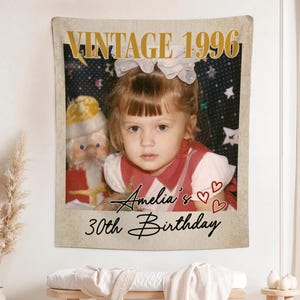 Vintage Photo Birthday Tapestry, Custom Photo 30th Birthday Banner, Personalized Party Backdrop, Retro 90s Wall Decor