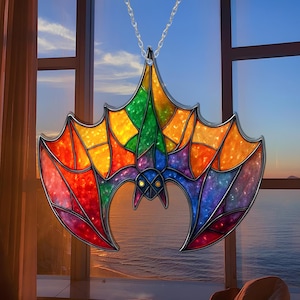 Upside Down Bat Colorful Acrylic Suncatcher, Halloween Bat Window Hanging, Halloween Tree Hanging, Spooky Bat Decor, Gift For Bat Lovers