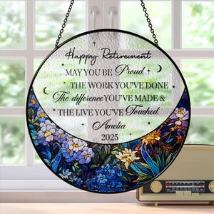 Personalized Retirement Stained Glass Suncatcher, Retirement Keepsake, Coworker Retirement Gift, Floral Retirement Decor, Colleague Gift