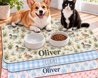 Personalized Pet Feeding Mat, Custom Background and Name, Dog and Cat Food Water Bowl Mat, Non Slip Waterproof Placemat Gift for Pet Lovers