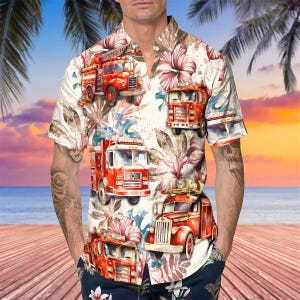 Vintage Aloha Fire Truck Hawaiian Shirts, America Firefighter Tropical Shirts, Fireman Casual Shirts, Hawaiian Shirt, Fire Truck Shirt