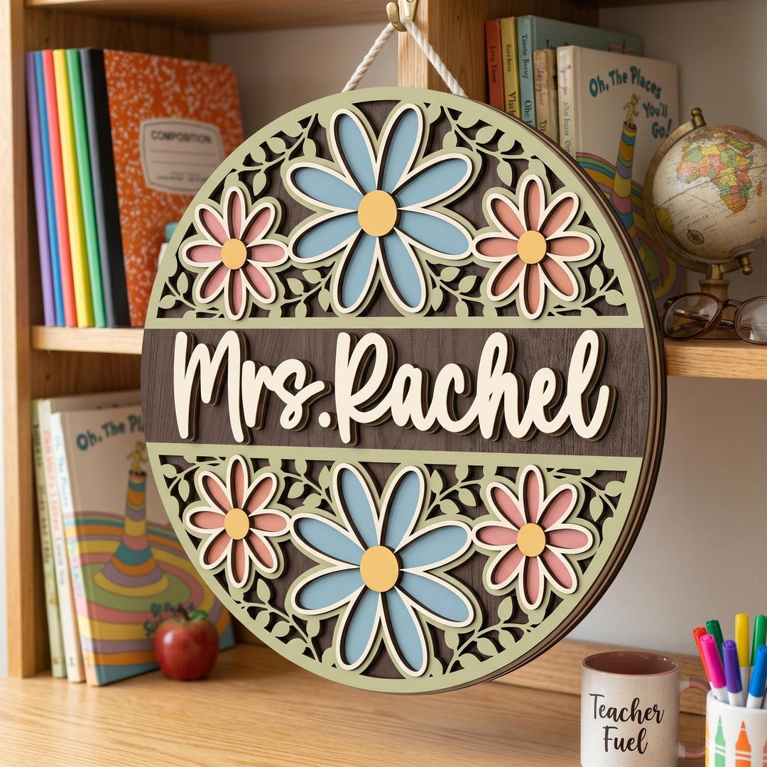 Personalized Floral Teacher Door Sign, Custom Teacher Name 3D Wooden ...