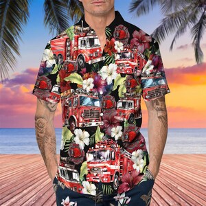 Firefighter Hawaiian Shirt, Men’s Tropical Vacation Shirt, Fire Truck Shirt, Fire Truck Summer Shirt, Hawaiian Party Shirt, Gift For Dad