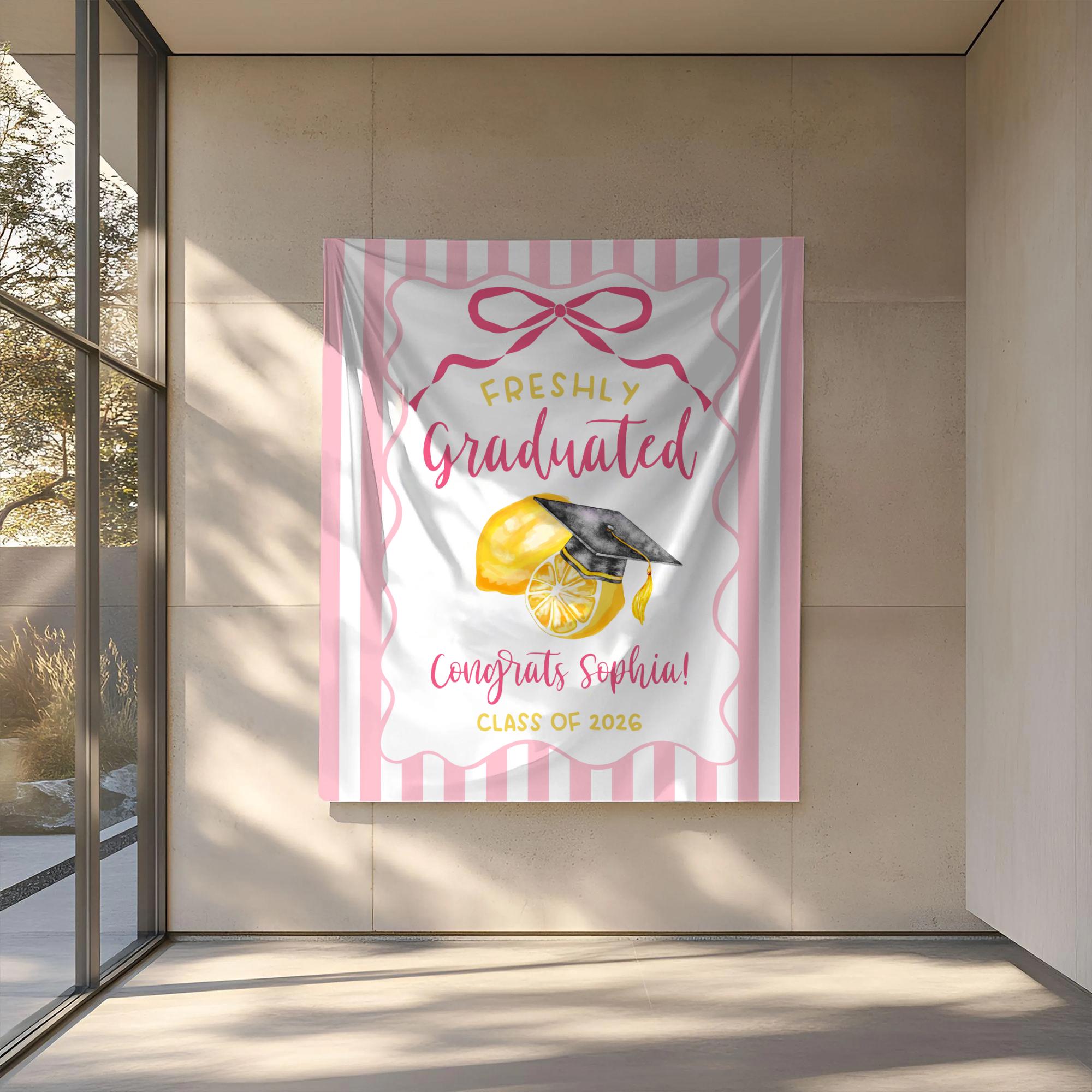 Lemon Grad Backdrop Custom Lemon Graduation Banner 2026, Freshly Graduated Backdrop, Pink ...