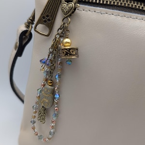 Antique Brass Cat Purse Charm: Crystal Accent Feline Bag Accessory